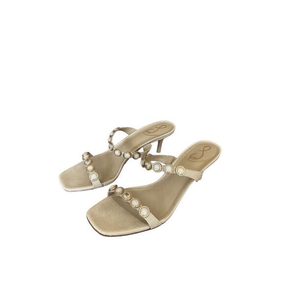 Sam Edelman Women's Cream Pearl Embellishment Palma Kitten Heels Sandal Size 10 - Picture 2 of 8